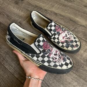 Rare Vintage 90s 00s Y2K Ed Hardy Checkered Tattoo Skull Slip On Shoe